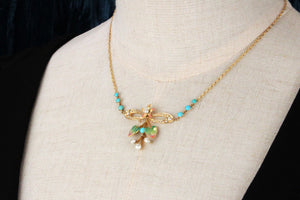 ART NOUVEAU TURQUOISE PEARL & ENAMEL NECKLACE 15ct GOLD