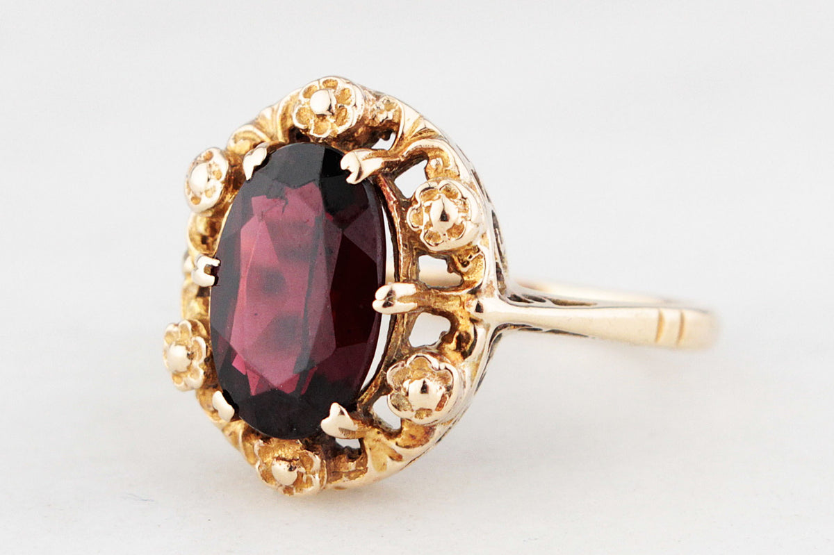 VINTAGE 1974 RHODOLITE GARNET RING 9ct GOLD