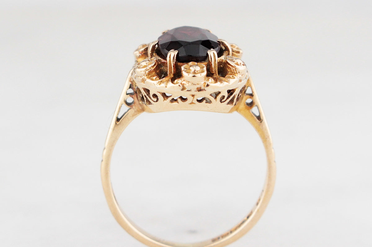VINTAGE 1974 RHODOLITE GARNET RING 9ct GOLD