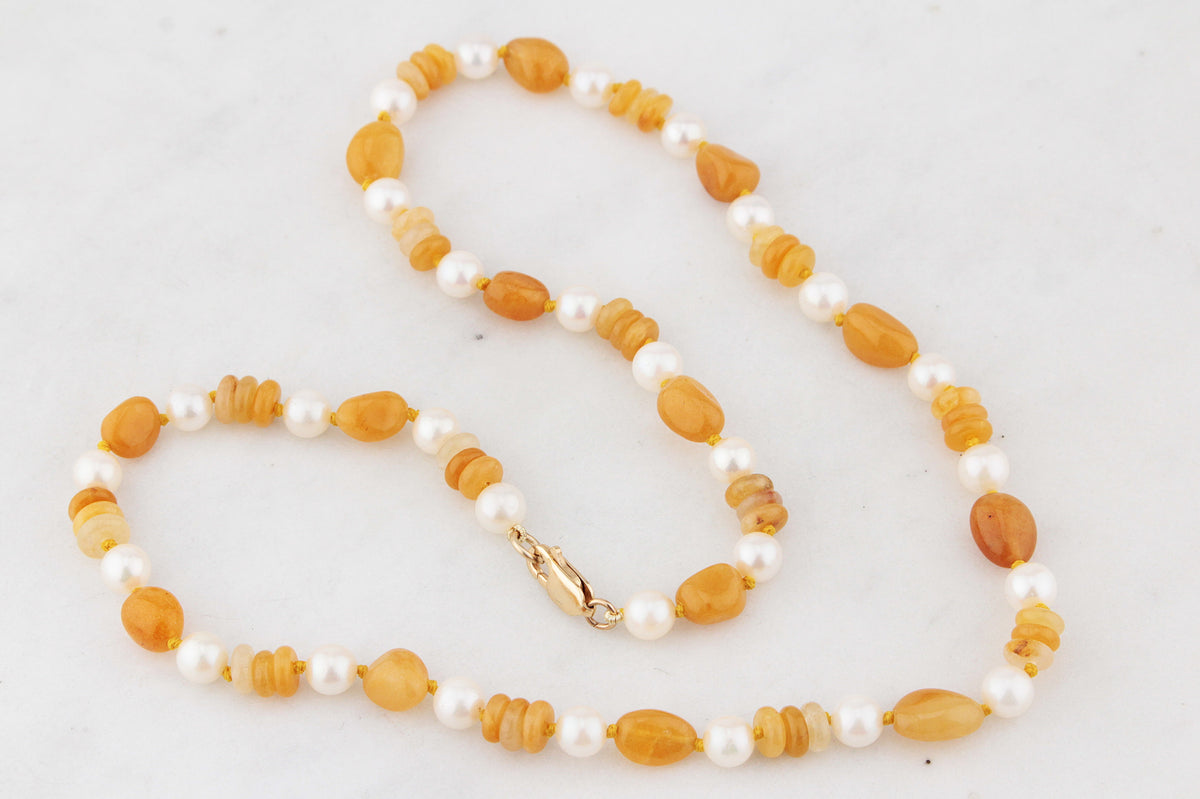 BESPOKE HONEY JADE &amp; PEARL NECKLACE 9ct GOLD