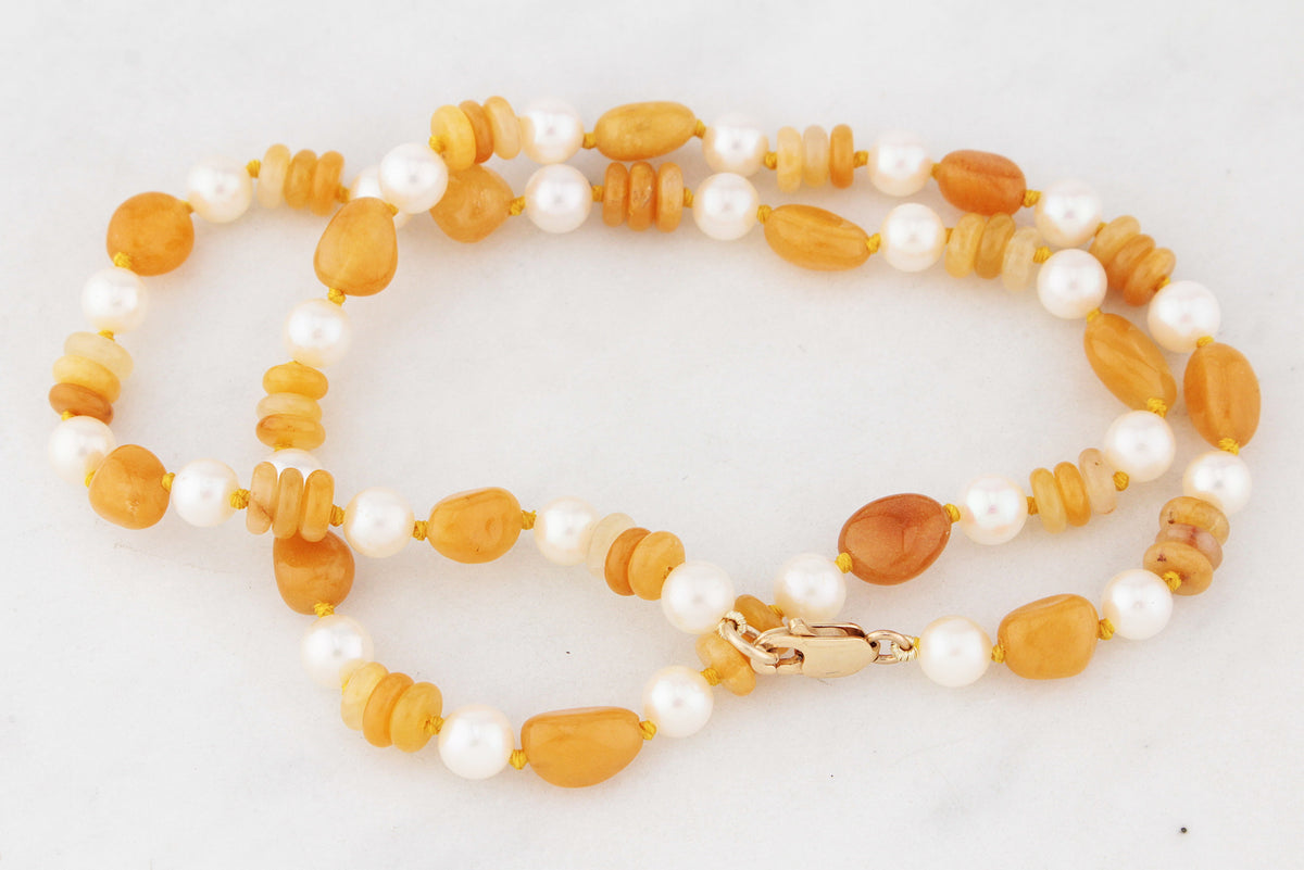 BESPOKE HONEY JADE &amp; PEARL NECKLACE 9ct GOLD