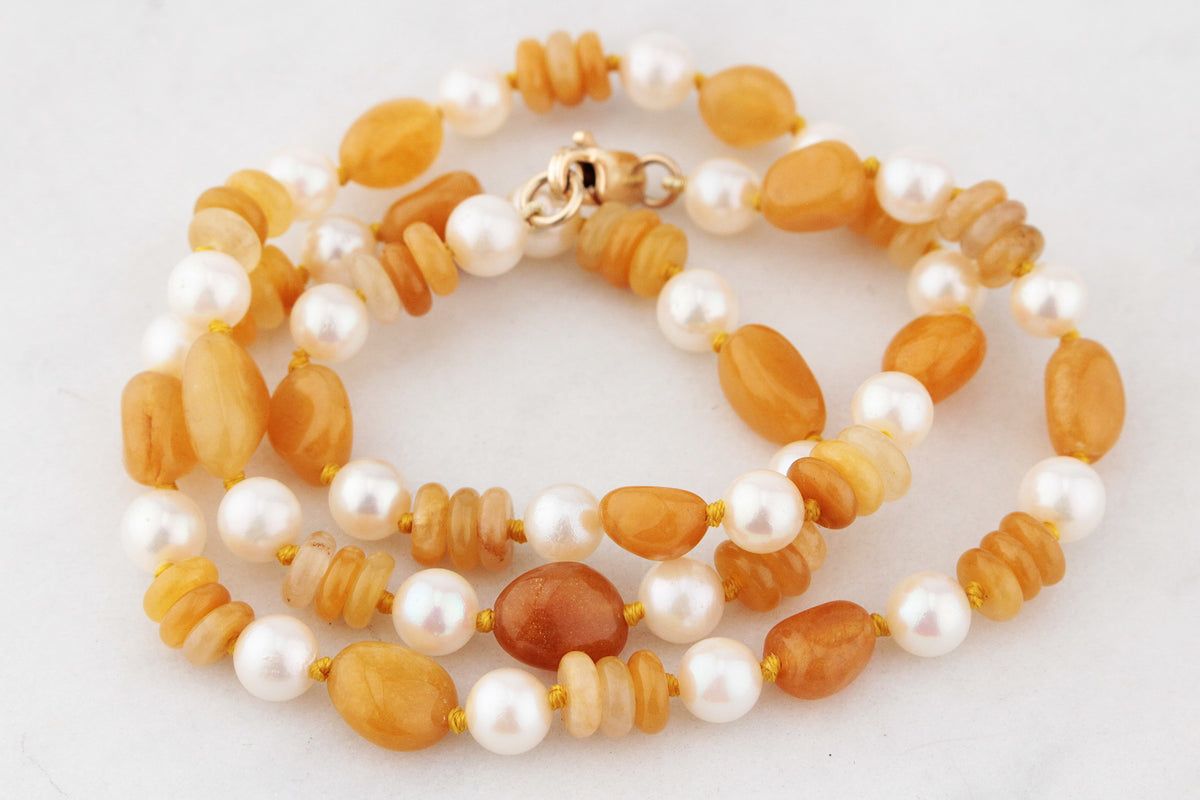 BESPOKE HONEY JADE &amp; PEARL NECKLACE 9ct GOLD
