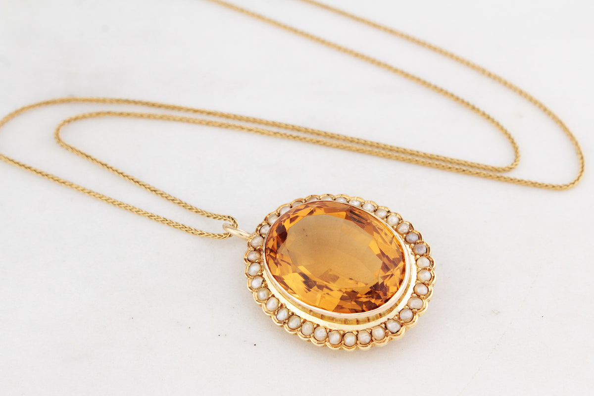 ANTIQUE VICTORIAN 28ct CITRINE & SEED PEARL PENDANT 15ct GOLD