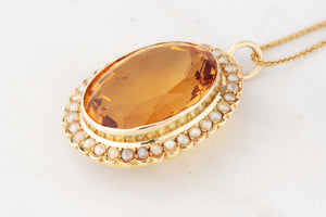 ANTIQUE VICTORIAN 28ct CITRINE & SEED PEARL PENDANT 15ct GOLD
