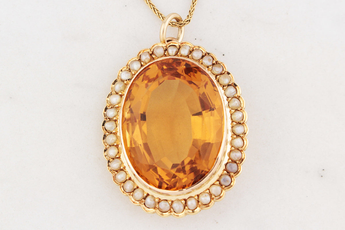 ANTIQUE VICTORIAN 28ct CITRINE & SEED PEARL PENDANT 15ct GOLD