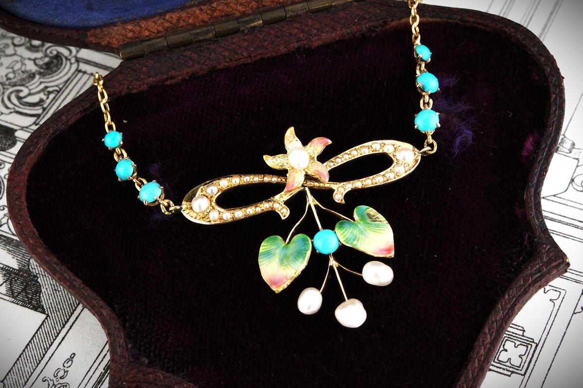 ART NOUVEAU TURQUOISE PEARL &amp; ENAMEL NECKLACE 15ct GOLD