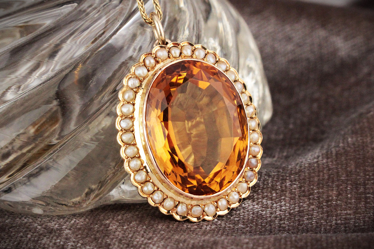 ANTIQUE VICTORIAN 28ct CITRINE & SEED PEARL PENDANT 15ct GOLD