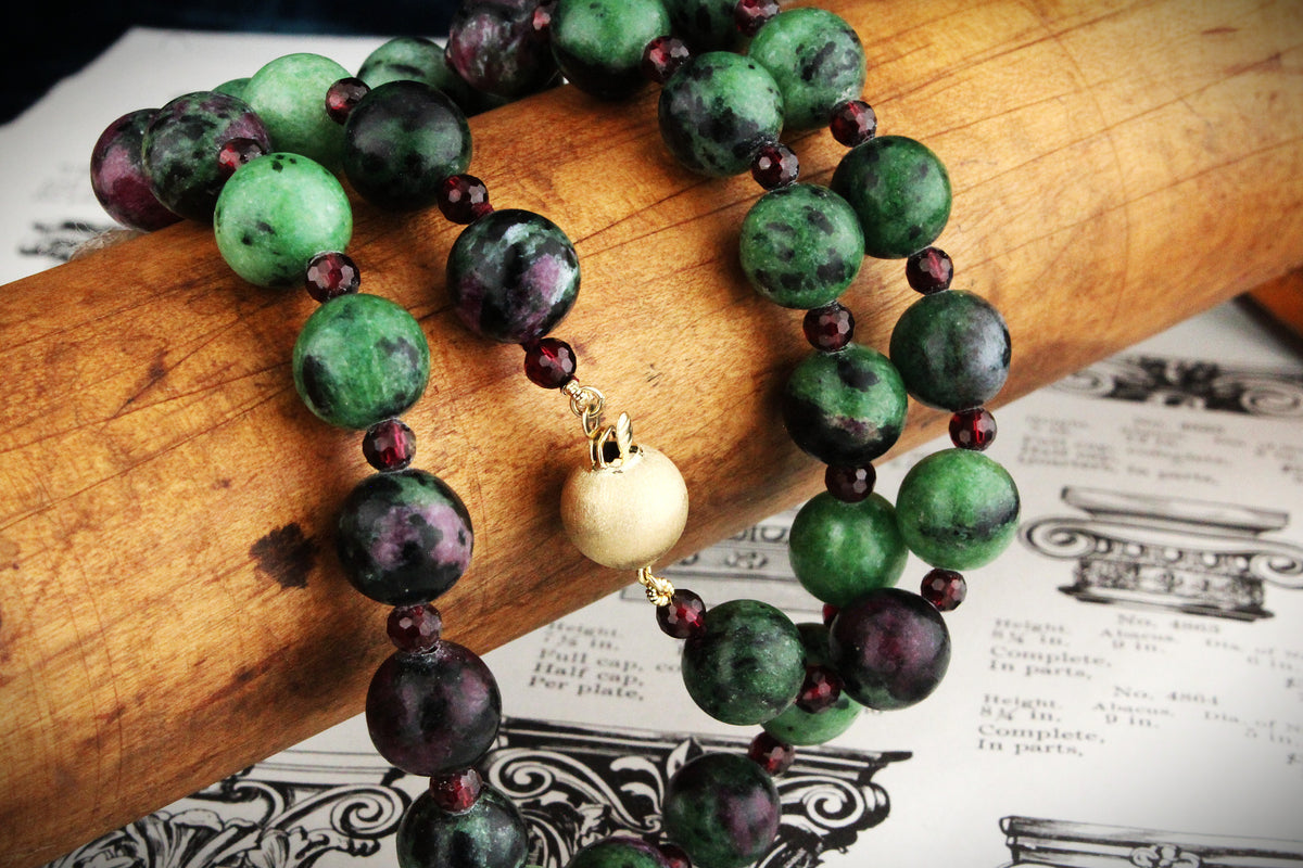 RUBY ZOISITE &amp; FACETED GARNET NECKLACE 14ct GOLD