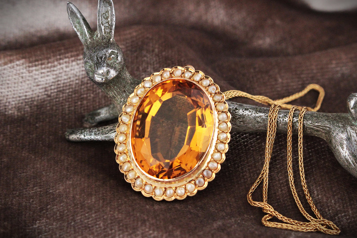 ANTIQUE VICTORIAN 28ct CITRINE & SEED PEARL PENDANT 15ct GOLD