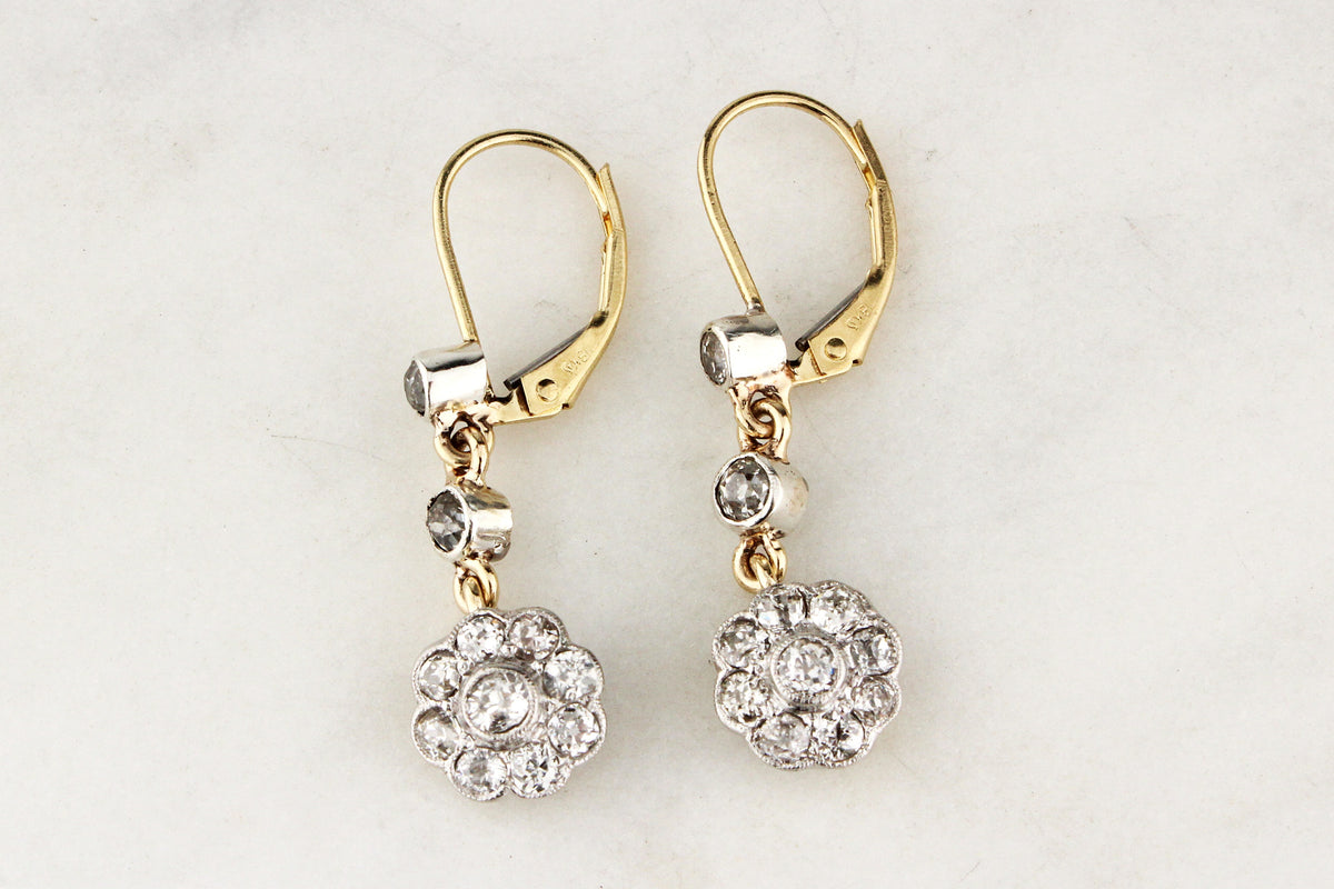ANTIQUE DIAMOND DAISY EARRINGS PALLADIUM &amp; 18ct GOLD