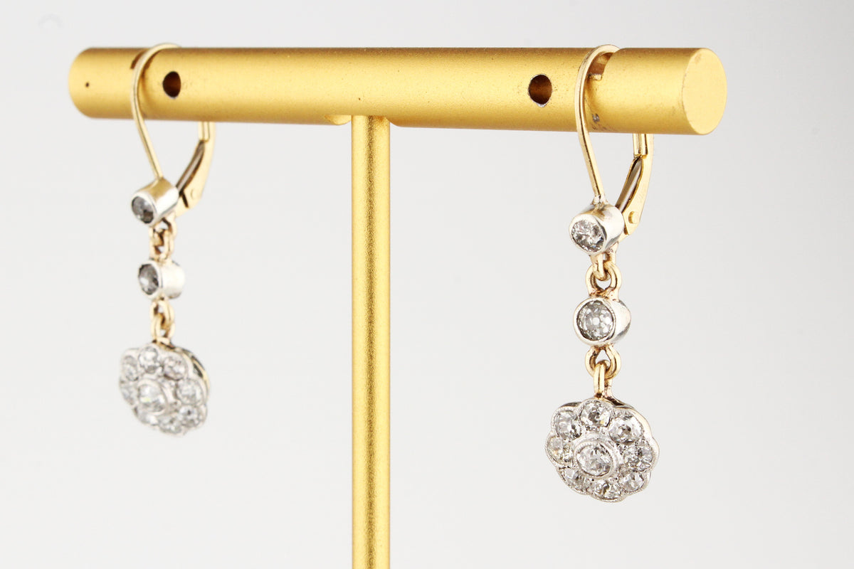 ANTIQUE DIAMOND DAISY EARRINGS PALLADIUM &amp; 18ct GOLD