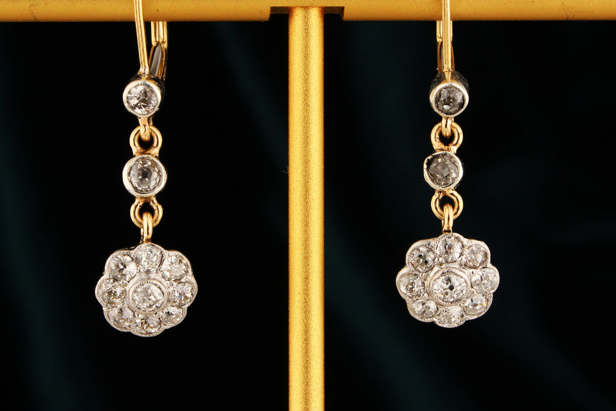 ANTIQUE DIAMOND DAISY EARRINGS PALLADIUM &amp; 18ct GOLD