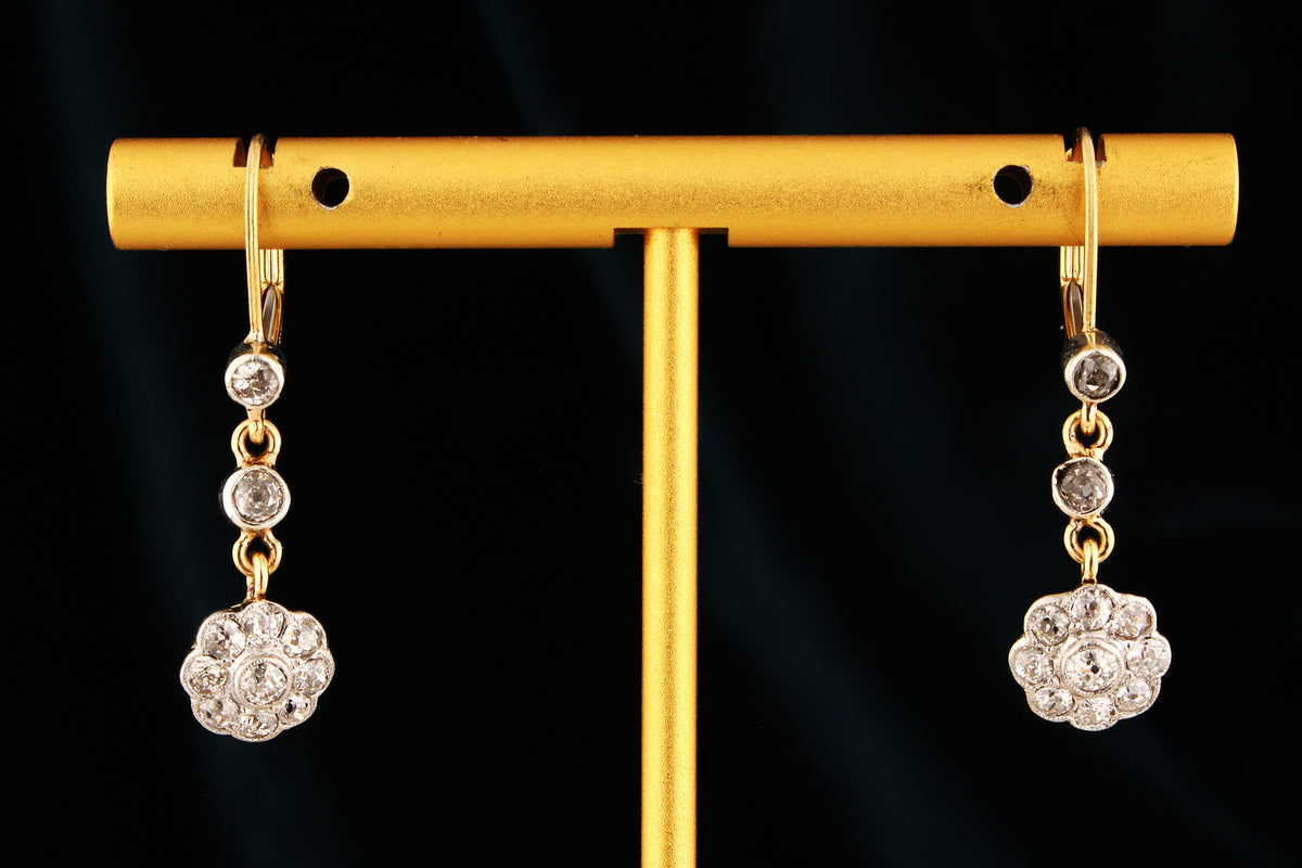ANTIQUE DIAMOND DAISY EARRINGS PALLADIUM &amp; 18ct GOLD
