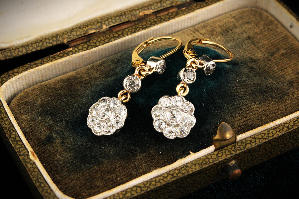 ANTIQUE DIAMOND DAISY EARRINGS PALLADIUM &amp; 18ct GOLD