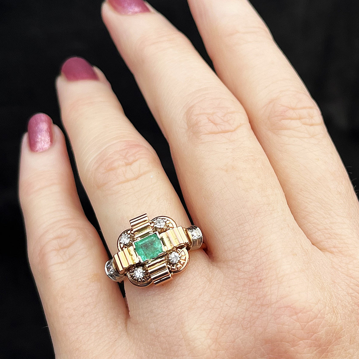 VINTAGE c1940 EMERALD &amp; DIAMOND RING 18ct GOLD