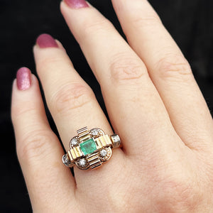 VINTAGE c1940 EMERALD & DIAMOND RING 18ct GOLD