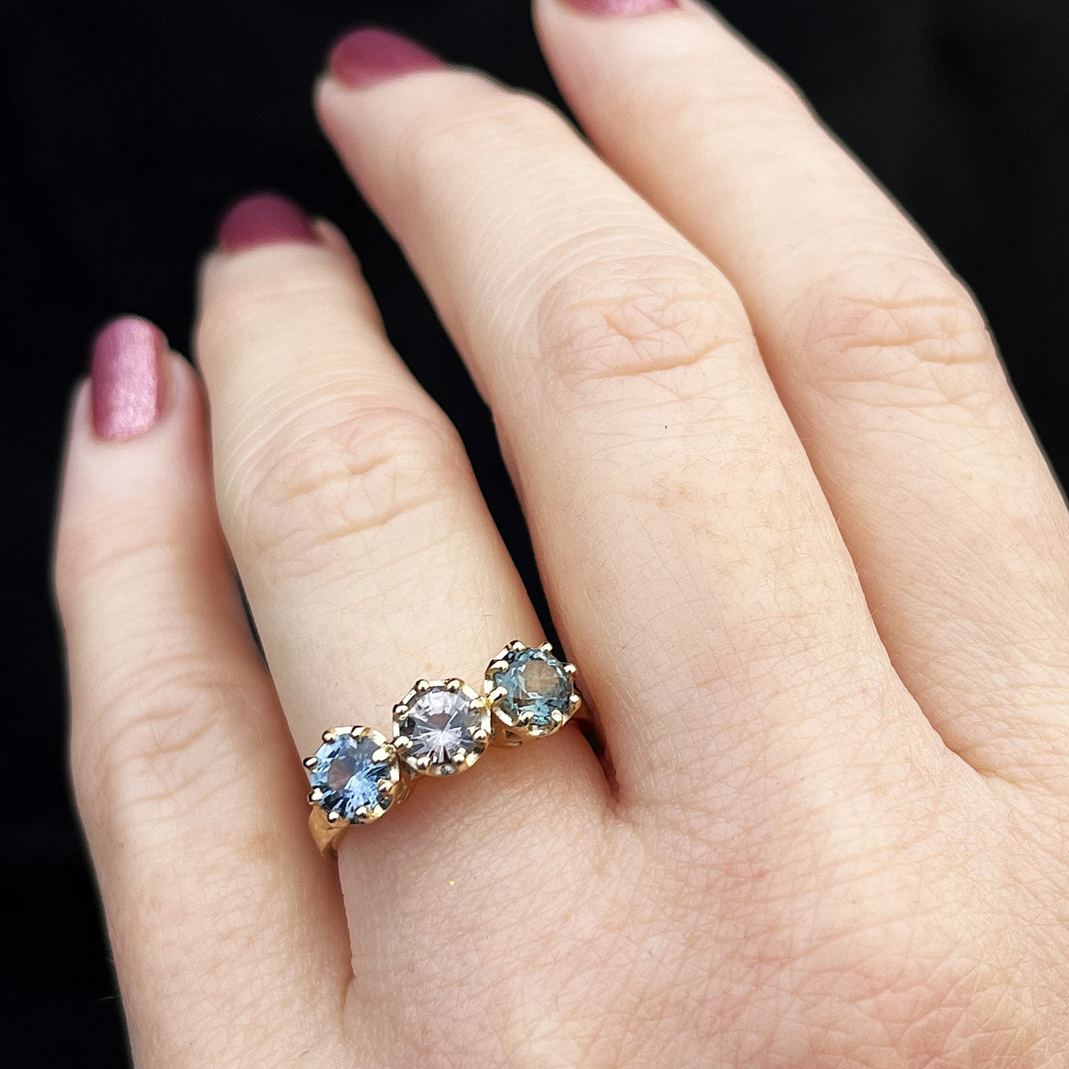 R&amp;V BESPOKE SAPPHIRE TRILOGY RING 9ct YELLOW GOLD