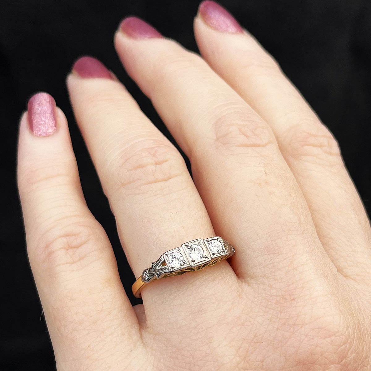 VINTAGE c1930 ART DECO DIAMOND TRILOGY RING 18ct GOLD &amp; PALLADIUM