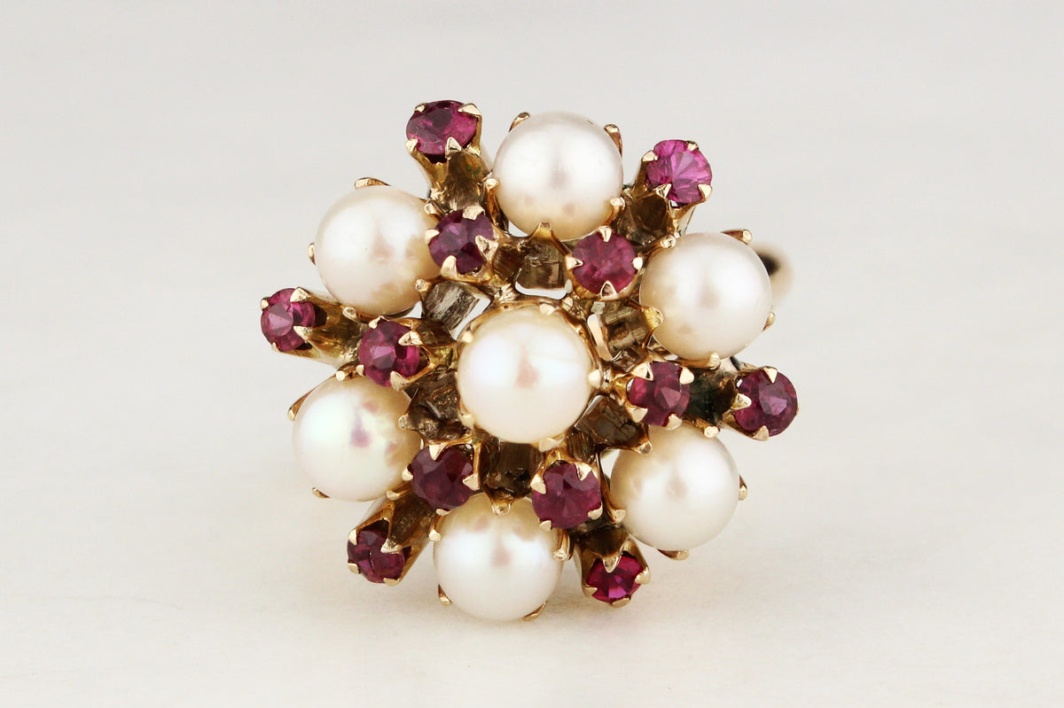 VINTAGE c1940’s RUBY &amp; PEARL PRINCESS RING 14ct GOLD