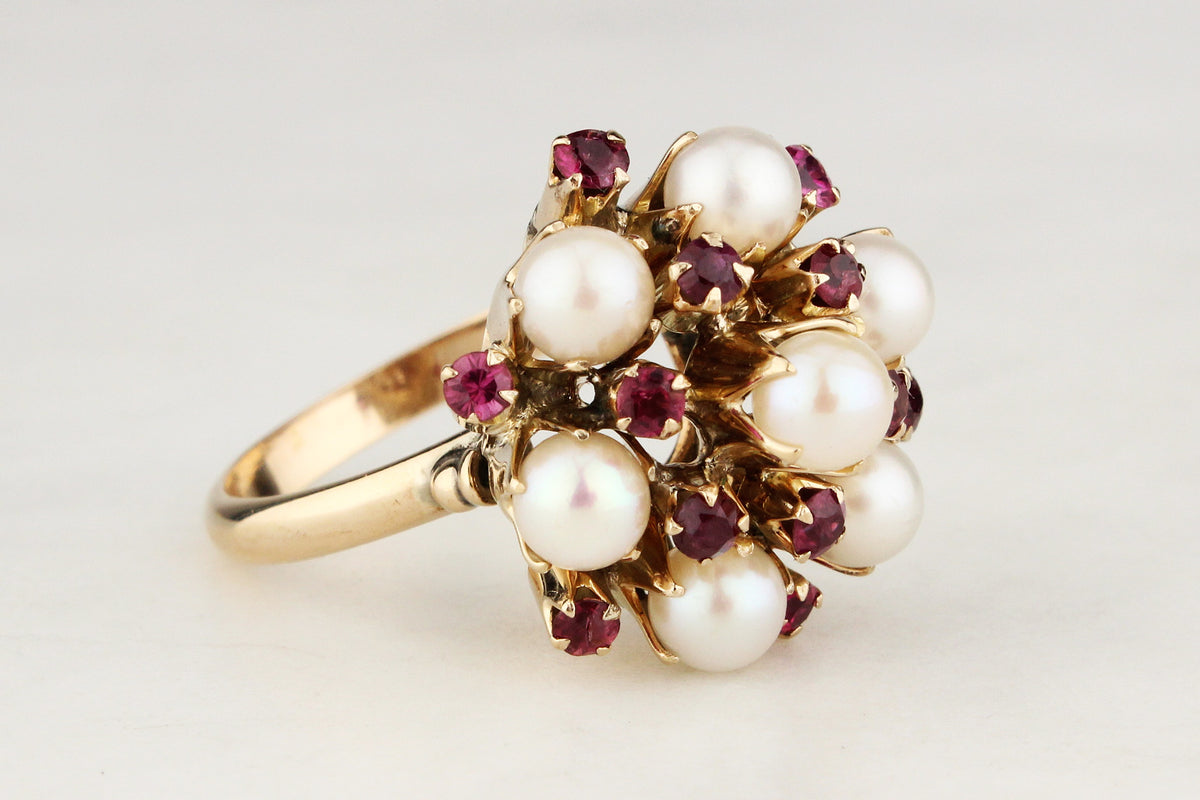 VINTAGE c1940’s RUBY &amp; PEARL PRINCESS RING 14ct GOLD