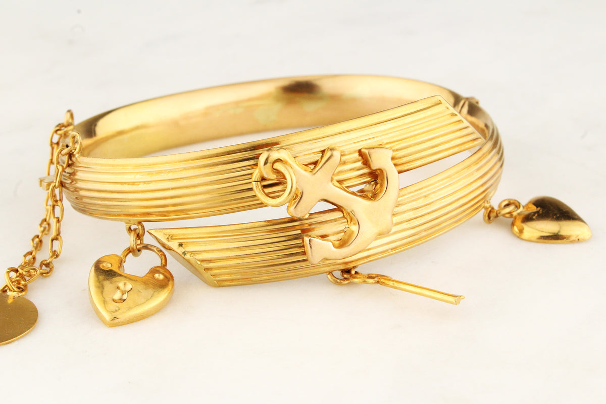 ANTIQUE VICTORIAN HINGED CHARM BANGLE 15ct GOLD