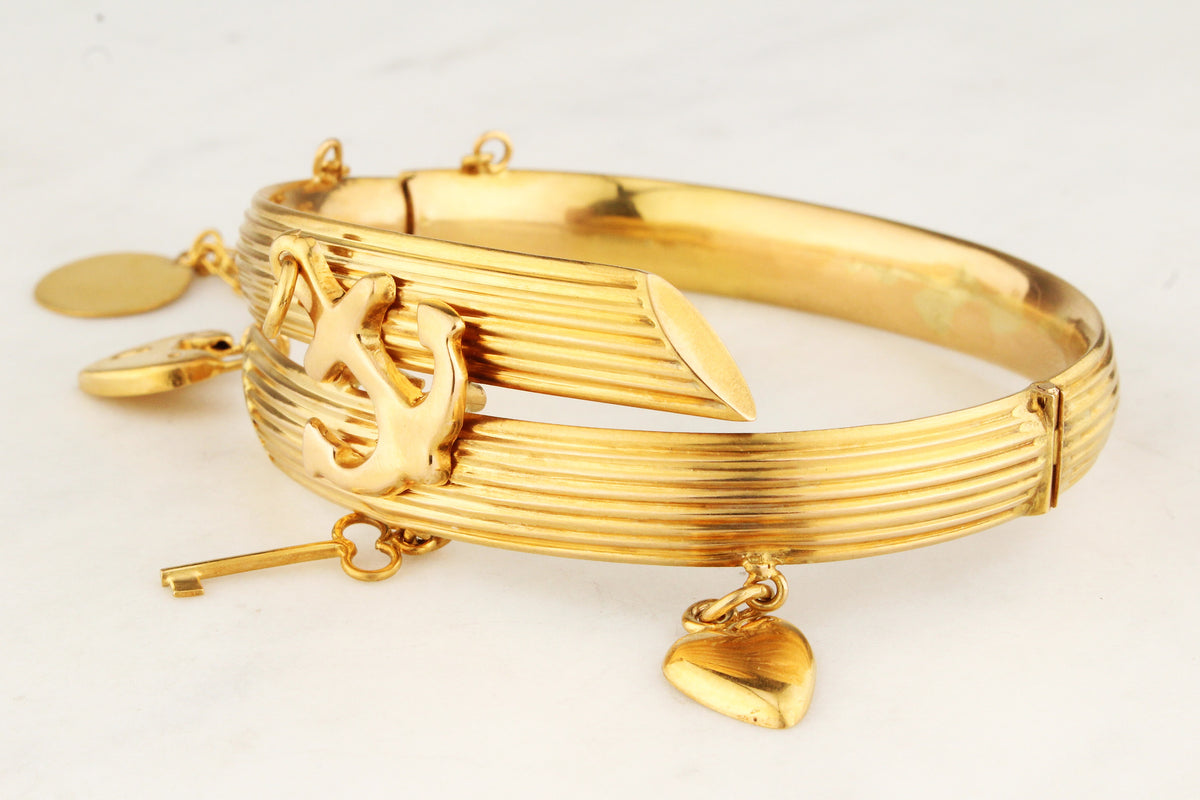 ANTIQUE VICTORIAN HINGED CHARM BANGLE 15ct GOLD
