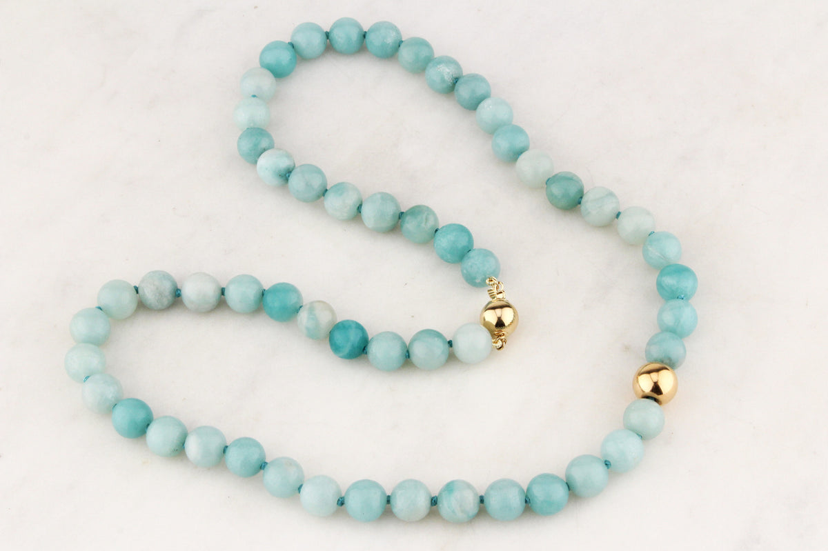 AMAZONITE &amp; GOLD BEAD NECKLACE 14ct GOLD