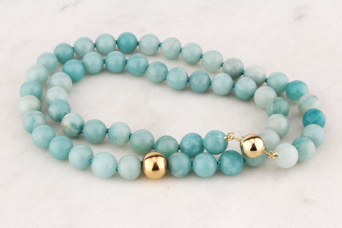 AMAZONITE &amp; GOLD BEAD NECKLACE 14ct GOLD