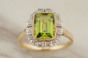 MODERN ART DECO STYLE PERIDOT & DIAMOND RING 9ct YELLOW GOLD