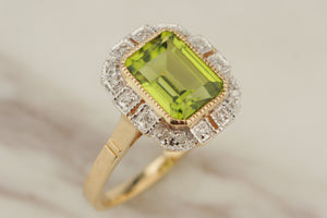 MODERN ART DECO STYLE PERIDOT & DIAMOND RING 9ct YELLOW GOLD