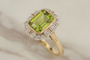 MODERN ART DECO STYLE PERIDOT & DIAMOND RING 9ct YELLOW GOLD