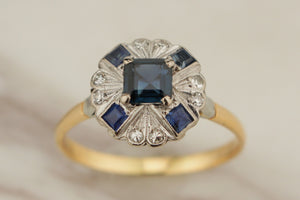 ART DECO c1920’s SAPPHIRE & DIAMOND RING 18ct YELLOW & WHITE GOLD