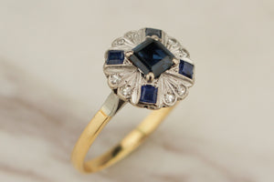 ART DECO c1920’s SAPPHIRE & DIAMOND RING 18ct YELLOW & WHITE GOLD