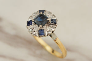 ART DECO c1920’s SAPPHIRE & DIAMOND RING 18ct YELLOW & WHITE GOLD