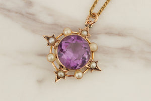 ANTIQUE EDWARDIAN c1900 AMETHYST & SEED PEARL PENDANT 9ct YELLOW GOLD