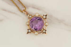 ANTIQUE EDWARDIAN c1900 AMETHYST & SEED PEARL PENDANT 9ct YELLOW GOLD