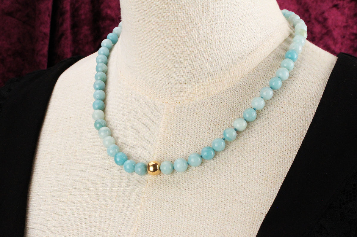AMAZONITE &amp; GOLD BEAD NECKLACE 14ct GOLD