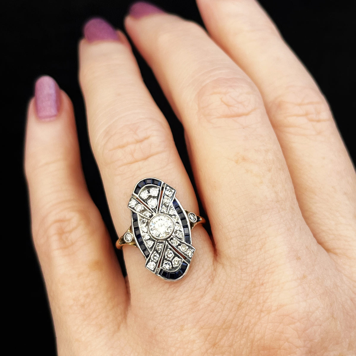 ANTIQUE ART DECO SAPPHIRE &amp; DIAMOND RING 18ct GOLD