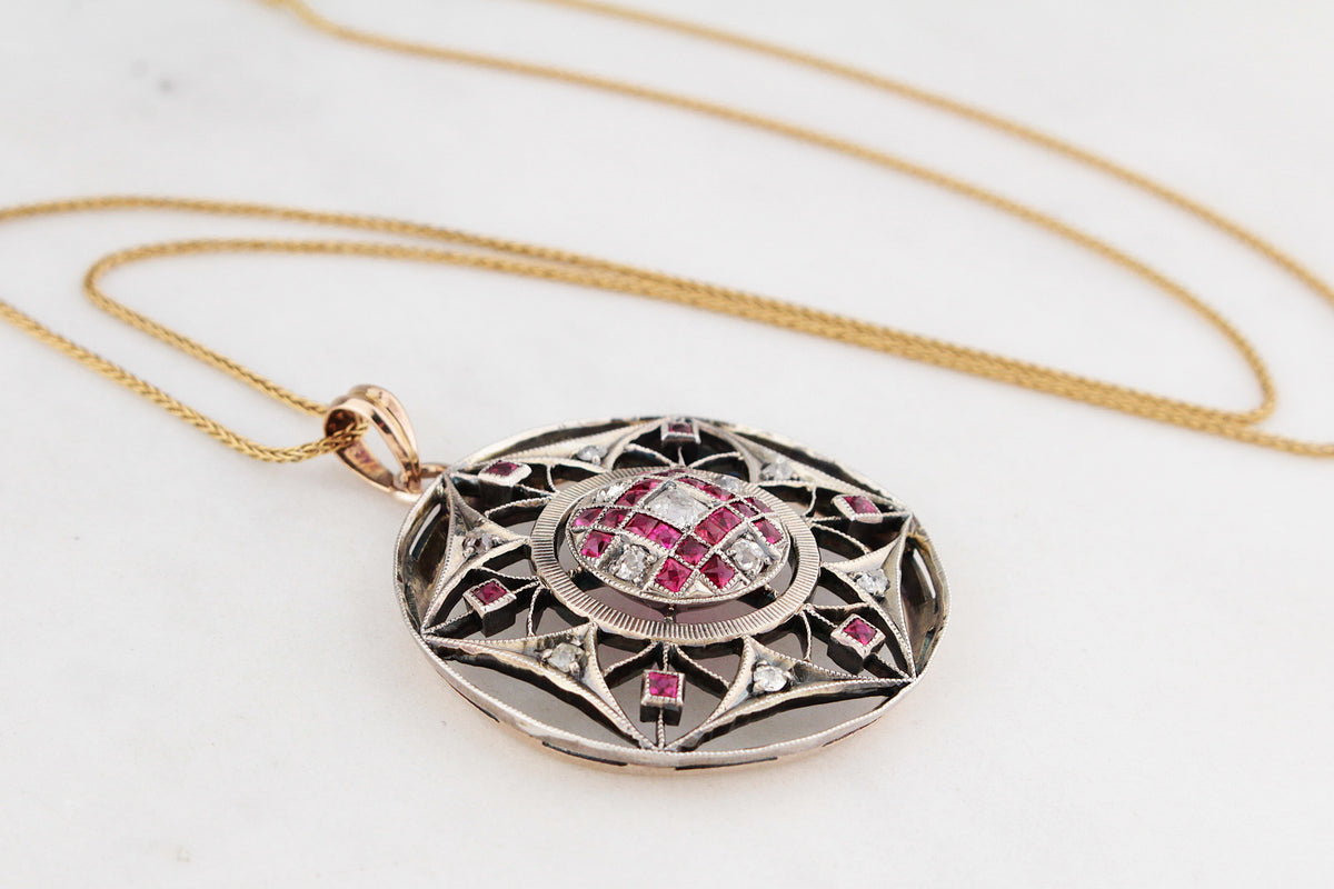 ANTIQUE VICTORIAN c1880 RUBY &amp; DIAMOND PENDANT 9ct GOLD &amp; SILVER