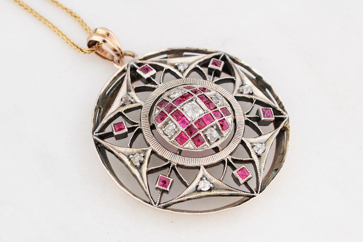 ANTIQUE VICTORIAN c1880 RUBY &amp; DIAMOND PENDANT 9ct GOLD &amp; SILVER