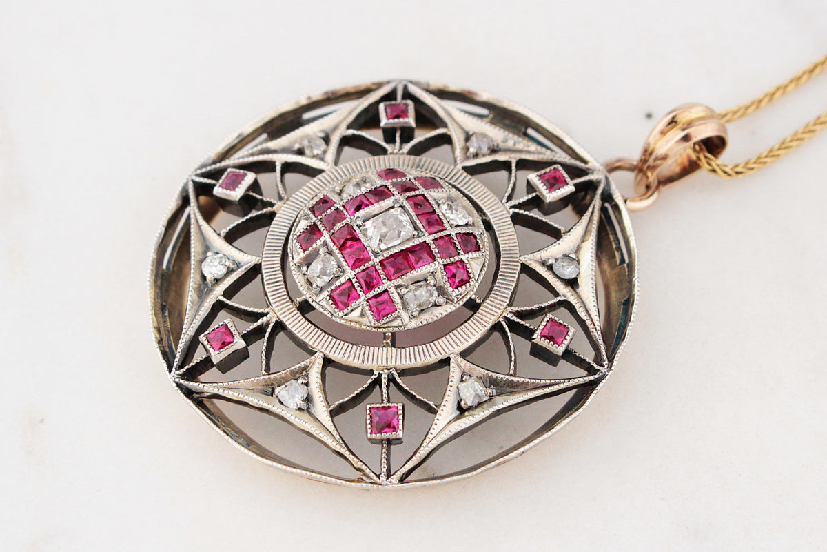 ANTIQUE VICTORIAN c1880 RUBY &amp; DIAMOND PENDANT 9ct GOLD &amp; SILVER