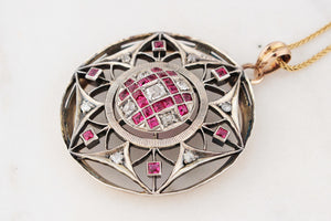 ANTIQUE VICTORIAN c1880 RUBY & DIAMOND PENDANT 9ct GOLD & SILVER