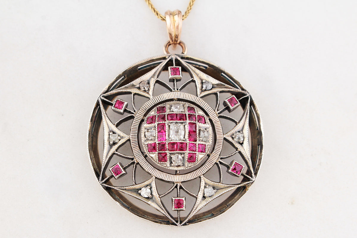 ANTIQUE VICTORIAN c1880 RUBY &amp; DIAMOND PENDANT 9ct GOLD &amp; SILVER