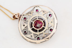 ANTIQUE VICTORIAN c1880 RUBY & DIAMOND PENDANT 9ct GOLD & SILVER