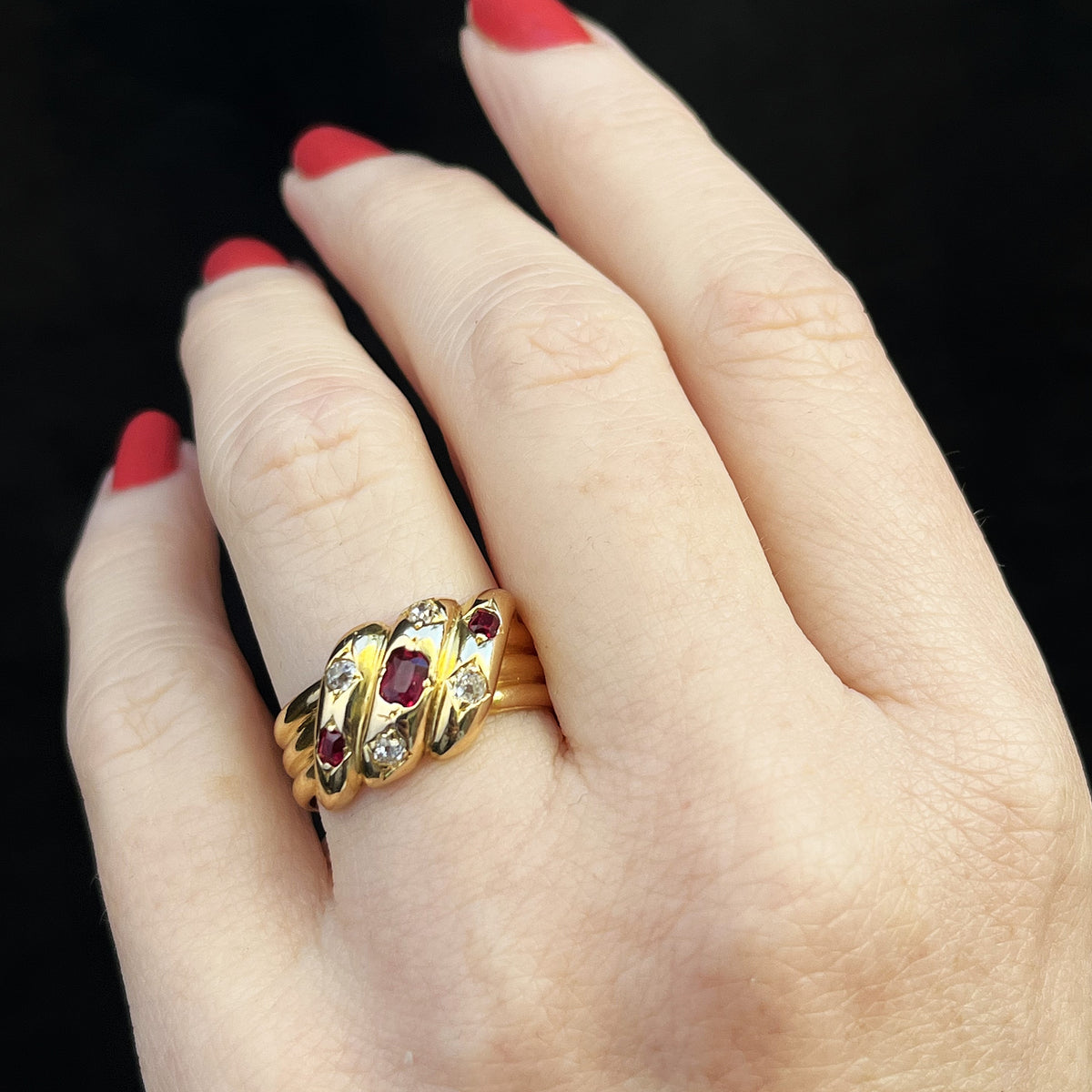 ANTIQUE VICTORIAN c1840 RUBY &amp; DIAMOND SNAKE RING 18ct YELLOW GOLD