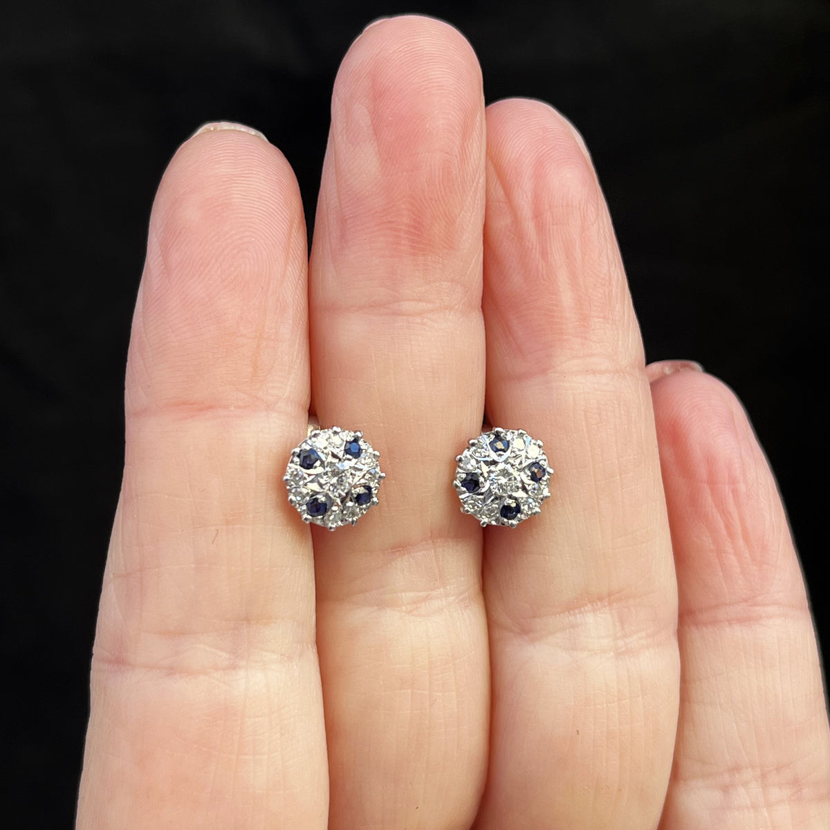 VINTAGE c1940 SAPPHIRE &amp; DIAMOND EAR STUDS 14ct WHITE GOLD