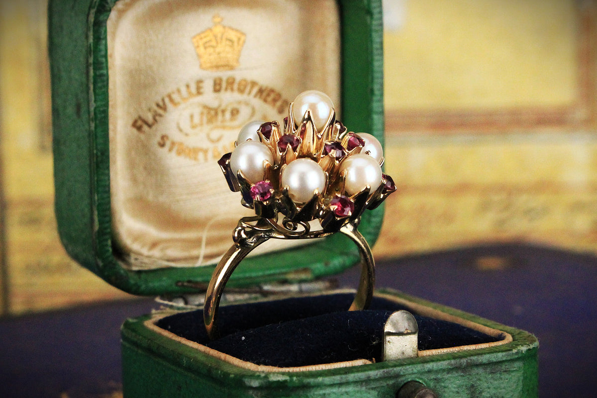 VINTAGE c1940’s RUBY &amp; PEARL PRINCESS RING 14ct GOLD