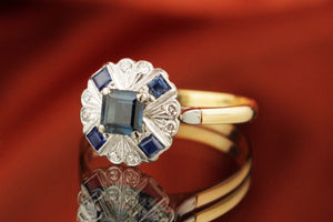 ART DECO c1920’s SAPPHIRE & DIAMOND RING 18ct YELLOW & WHITE GOLD