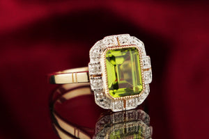 MODERN ART DECO STYLE PERIDOT & DIAMOND RING 9ct YELLOW GOLD