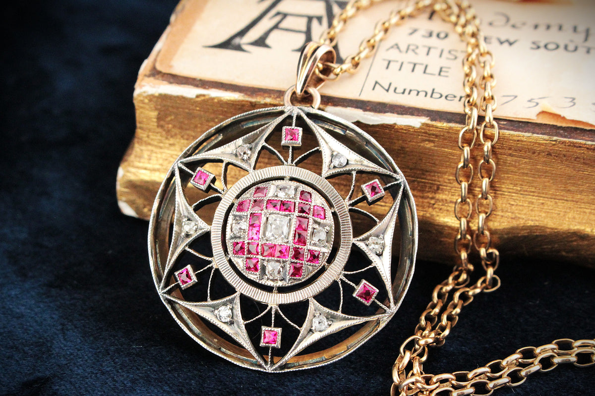 ANTIQUE VICTORIAN c1880 RUBY &amp; DIAMOND PENDANT 9ct GOLD &amp; SILVER